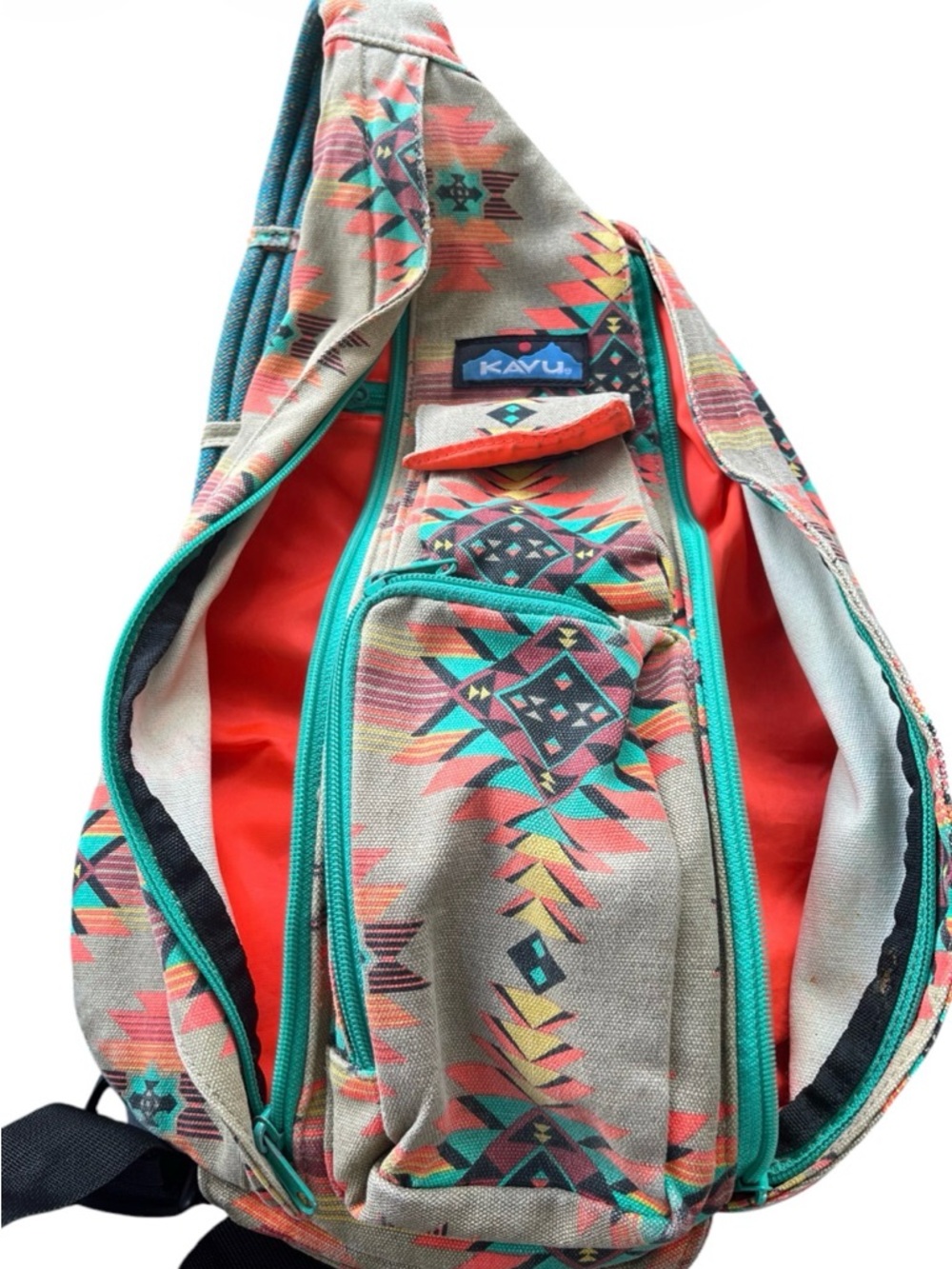 Kavu Beige Sling Pack with Teal & Coral Aztec Print Crossbody - Picture 5 of 6